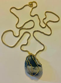 8K Gold 24" Box Chain with 14K Wire-Wrapped  Jasper Pendant Necklace. 6.79 grams (chain)