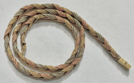 14K TRI-GOLD WOVEN MESH NECKLACE, 16.41 G