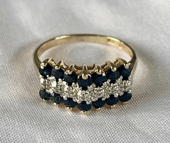 10K YELLOW GOLD, DIAMOND AND SAPPHIRE RING, 2.35 GRAMS, SIZE 6.5