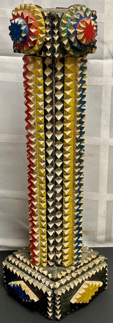 Exceptional 19th–Early 20th Century Polychrome Tramp Art Carved Candle Stand – 14" Tall: Exceptional 19th–Early 20th Century Polychrome Tramp Art Carved Candle Stand / Folk Art Column – 13 1/4” Tall and 4 1/4" square. A striking and unusually colorful antique tramp art carved wo