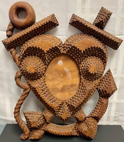 Vintage Tramp Art / Chip-Carved Folk Art Heart Frame with Crossed Arrows & Twisted Handle