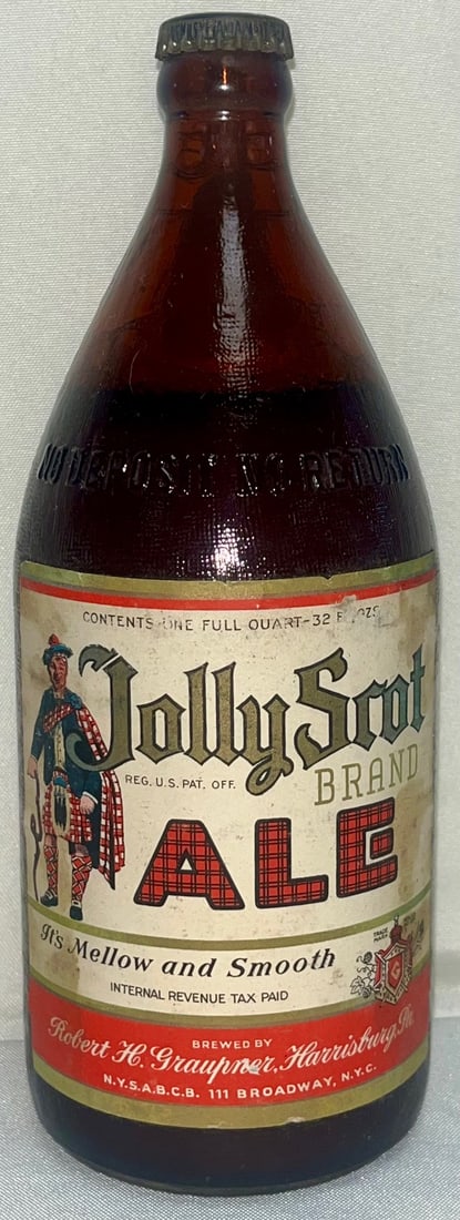 Jolly Scot Brand Ale Quart Bottle, Robert H. Graupner Brewing Co., PA Tax Crown Cap, Unopened: Jolly Scot Brand Ale Quart Bottle, Robert H. Graupner Brewing Co., PA Tax Crown Cap, Unopened, Scarce Pennsylvania breweriana bottle for Jolly Scot Brand Ale, brewed by Robert H. Graupner, Harrisburg,
