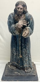 Antique 21" Spanish Colonial Santos Carved Wood Figure, Distressed Polychrome Religious Folk Art