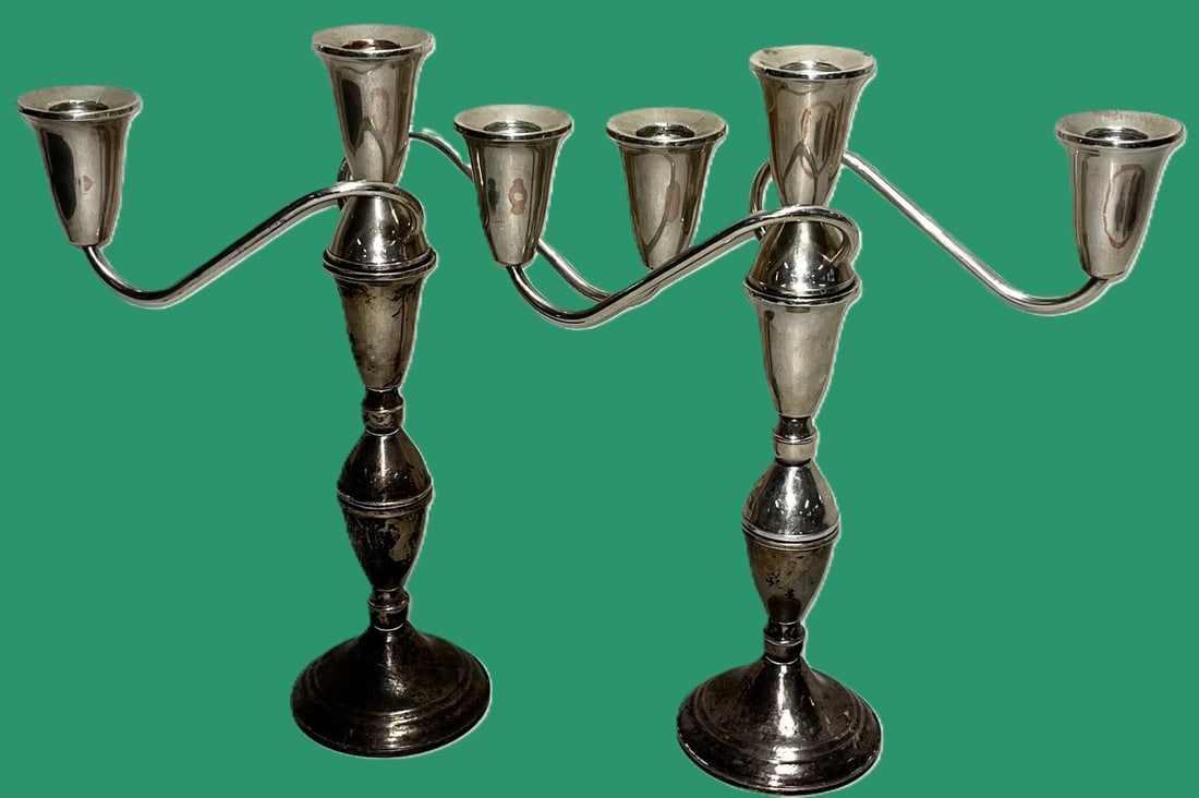 Pair of Raimond Weighted Sterling Silver 3-Light Convertible Candelabras, 1538 grams: Pair of Raimond Weighted Sterling Silver 3-Light Convertible Candelabras, 1538 grams, pair of vintage 3-light convertible candelabras by Raimond, each stamped “Raimond Sterling Weighted.” Thes