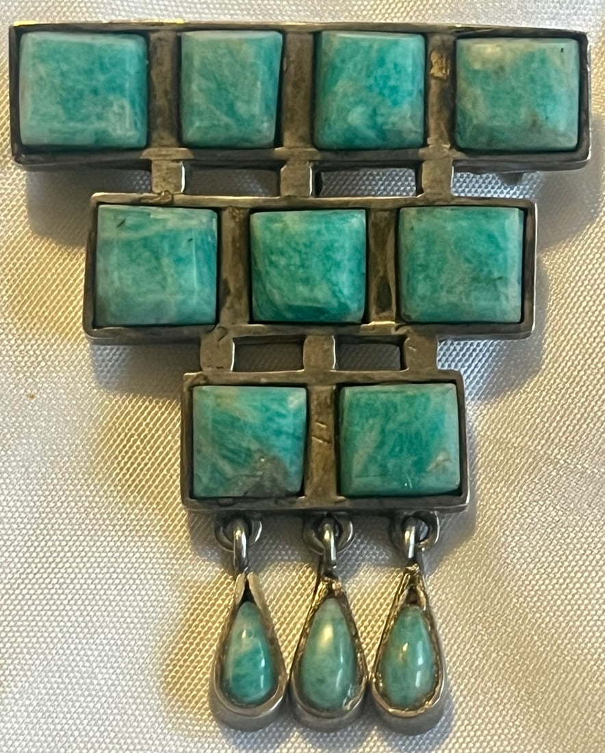 Vintage Mexican Sterling Silver & Amazonite/Chrysocolla Mosaic Taxco Brooch, 22.96 grams, Signed: Vintage Mexican Sterling Silver & Amazonite/Chrysocolla Mosaic Taxco Brooch, 22.96 grams, Signed, vintage Mexican sterling silver statement brooch, featuring a stepped geometric design set with nine s