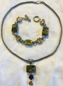 Lori Bonn Sterling Silver Gemstone Necklace & Bracelet Set, Green Amber, Citrine & Smoky Quartz,