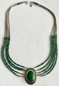 Vintage Sterling Silver Multi-Strand Malachite Heishi Necklace, Large Oval Malachite Pendant –