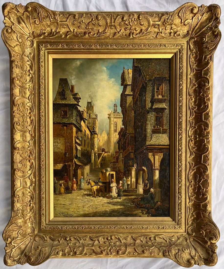 JACQUES FRANCOIS JOSEPH CARABAIN (1834-1933, BELGIUM, NETHERLANDS) OIL ON PANEL: JACQUES FRANCOIS JOSEPH CARABAIN (1834-1933, ACTIVE / LIVED IN BELGIUM, NETHERLANDS) OIL ON PANEL EUROPEAN STREET SCENE IN AN ELABORATE GOLD GILT WOODEN FRAME, SIGNED LOWER LEFT "J. CARABAIN", A super