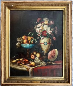 CHARLES CHRISTIAN EISELE (1854-1919) LG. OIL ON CANVAS TITLED "FRUITS AND FLOWERS"
