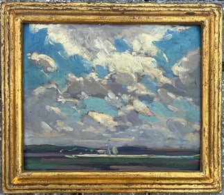 W. LESTER STEVENS (1888-1969) OIL ON CANVAS PAINTING TITLED ON REVERSE "SKY"