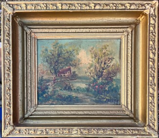 Small Signed Pastoral Landscape "LAVERA" Oil on Canvas in Gilt Frame, Cottage, Pond & Figure