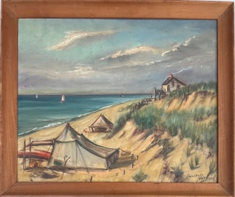 Cape Cod Dunes with Tents & Sailboats, Oil on Canvas, Reverse Signed & Dated “Harvey Haglund