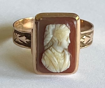 Antique 14K Gold Shell Cameo on Carnelian Tablet Ring, Lady Profile, c. 1890–1920, SIZE 7.5, 2.55