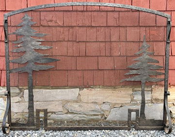 Large Hand-Forged Lodge Fireplace Screen w/ Pine Tree Silhouettes, Rustic Adirondack/Arts & Crafts