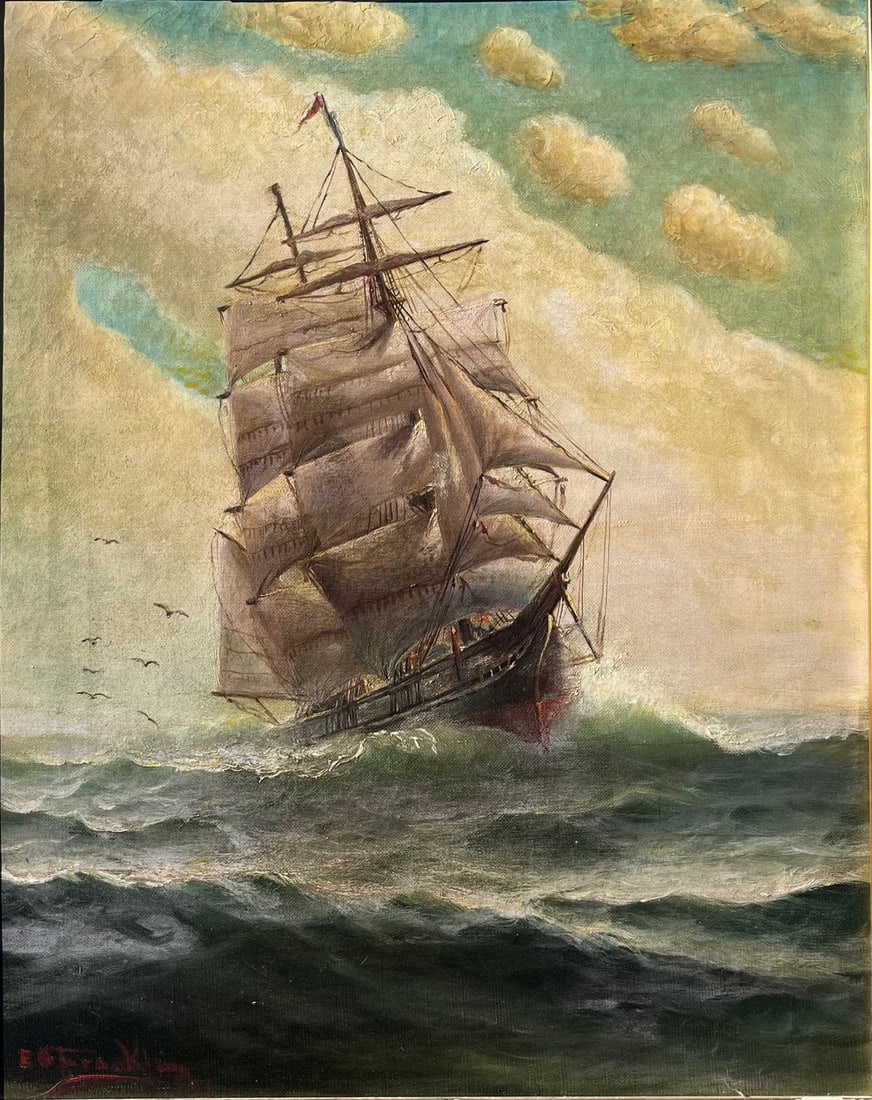 E.G. Franklin (19th c.), “Clipper Ship in a Rising Sea," Oil on Canvas, Artist Signed Lower Left: E.G. Franklin (19th c.), “Clipper Ship in a Rising Sea,” Oil on Canvas, Artist Signed Lower Left, Signed in red pigment “E.G. Franklin” at lower left (see close-ups). Dramatic marine s