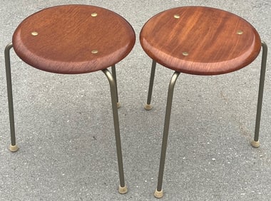 Pair of Arne Jacobsen “Dot" Tripod Stools for Fritz Hansen, Teak & Metal, Denmark c.1960