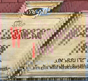 Large Early 20th C. Painted Wooden Sign “The Walloomsac Inn" Bennington, VT. Route 9 Directional