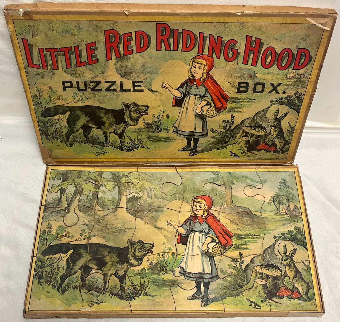 Antique c.1895 Milton Bradley “Little Red Riding Hood" Puzzle Box — 3 Original Puzzles Intact: Antique c.1895 Milton Bradley “Little Red Riding Hood” Puzzle Box — 3 Original Lithographed Jigsaw Puzzles, Complete, Offered is a scarce Milton Bradley Co., Springfield, Mass., U.S.A. antiq