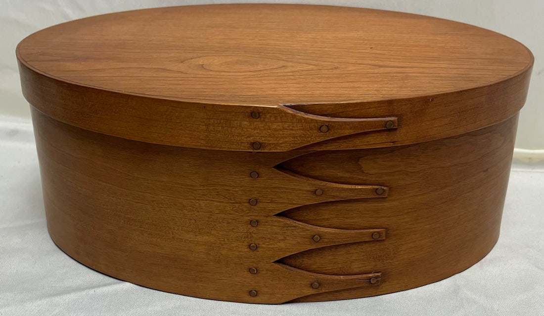 Large Cherry Shaker Oval Pantry Box w/ Lid, The Shaker Shop Sturbridge MA, Brother Roger, Dated 1989: Large Cherry Shaker Oval Pantry Box w/ Lid – The Shaker Shop Sturbridge MA – Signed Brother Roger, Dated 1989, beautiful handcrafted Shaker oval pantry box with fitted lid, made in the traditional