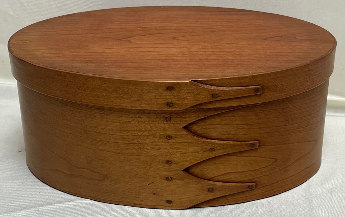 Large Cherry Shaker Oval Pantry Box w/ Lid, The Shaker Shop Sturbridge MA, Brother Roger, Dated 1989: Large Cherry Shaker Oval Pantry Box w/ Lid – The Shaker Shop Sturbridge MA – Signed Brother Roger, Dated 1989, beautiful handcrafted Shaker oval pantry box with fitted lid, made in the traditional