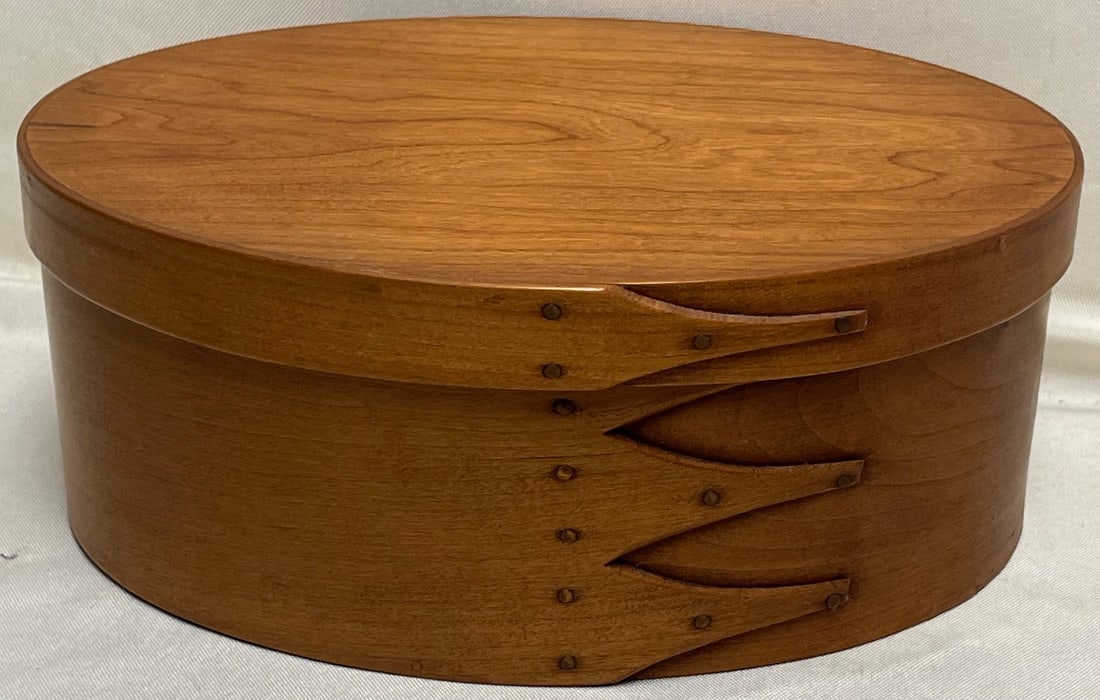 Cherry Shaker Oval Pantry Box w/ Lid, The Shaker Shop Sturbridge MA, Brother Roger, Dated 1989: Cherry Shaker Oval Pantry Box w/ Lid – The Shaker Shop Sturbridge MA – Signed Brother Roger, Dated 1989, beautiful handcrafted Shaker oval pantry box with fitted lid, made in the traditional Shake