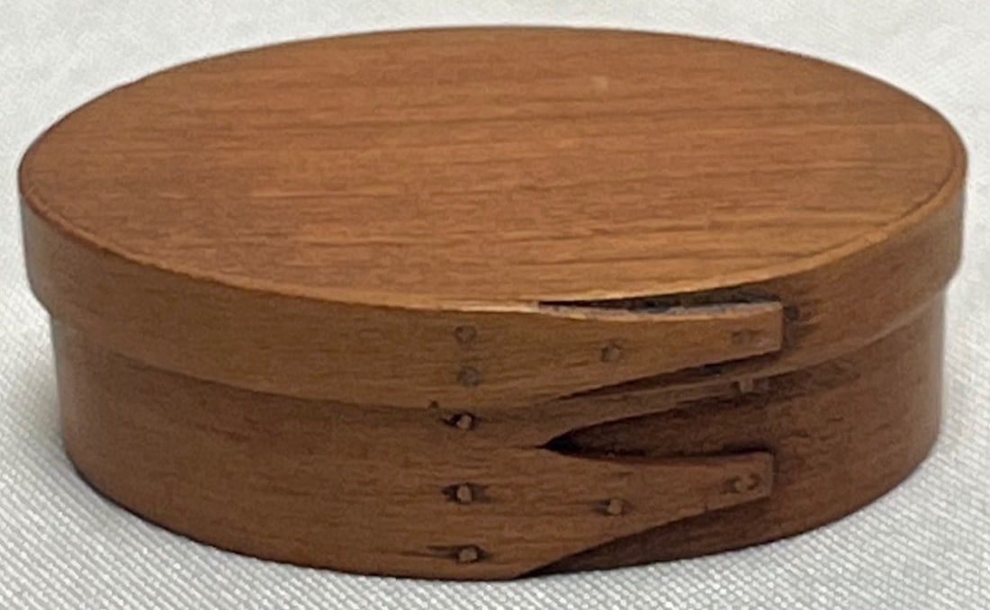 Cherry Shaker Oval Pantry Box w/ Lid, The Shaker Shop Sturbridge MA, Brother Roger, Dated 1989: Miniature Cherry Shaker Oval Pantry Box w/ Lid – The Shaker Shop Sturbridge MA – Signed Brother Roger, Dated 1989, beautiful handcrafted Shaker oval pantry box with fitted lid, made in the traditi