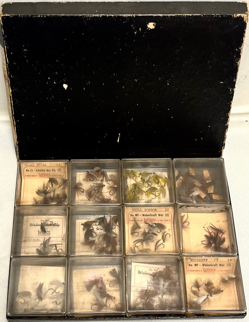 Vintage Weber Lifelike Fly Co. Boxed Fly Fishing Flies Display Lot – Stevens Point, WI (12 Boxes +: Vintage Weber Lifelike Fly Co. Boxed Fly Fishing Flies Display Lot – Stevens Point, WI (12 Boxes + Case), Offered is a vintage assortment of fly-fishing flies, many in original Weber Lifelike Fly Co