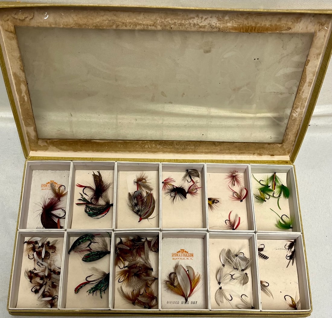 Vintage Lyon & Coulson (Buffalo, N.Y.) Boxed Assortment of Hand-Tied Trout Flies: Vintage Lyon & Coulson (Buffalo, N.Y.) Boxed Assortment of Hand-Tied Trout Flies – Vintage fly-fishing assortment in the original Lyon & Coulson retailer box, Buffalo, New York. Lyon & Coulson opera