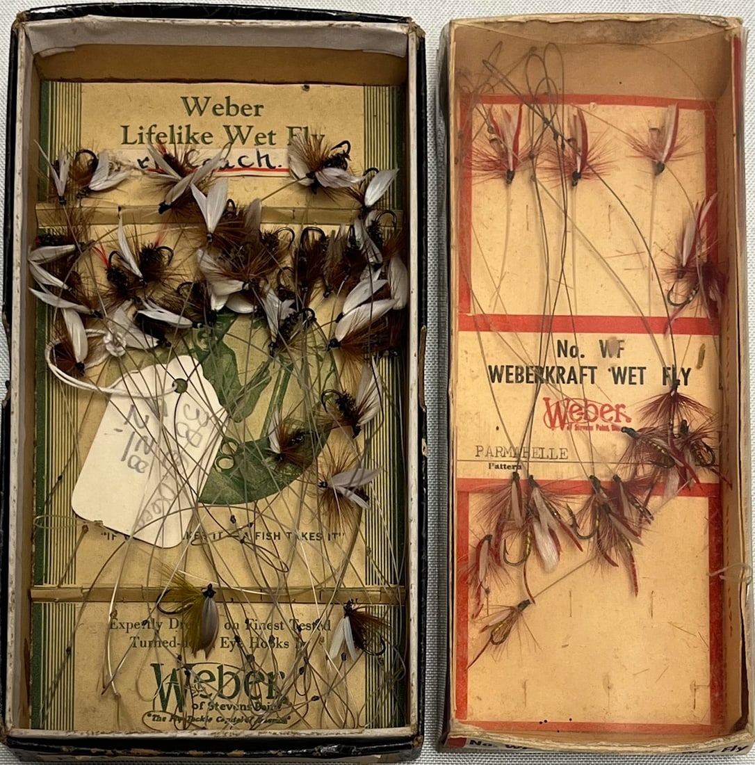 Vintage Weber “Lifelike / Weberkraft" Wet Fly Assortment in Original Boxes – Stevens Point, WI: Vintage Weber “Lifelike / Weberkraft” Wet Fly Assortment in Original Boxes – Stevens Point, WI, Offered is a vintage lot of Weber fly fishing wet flies housed in two original Weber boxes fro