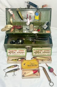 Vintage Fishing Tackle Lot, Creek Chub Lures in Boxes, South Bend Bass-Oreno #973, Orvis 75A Reel &