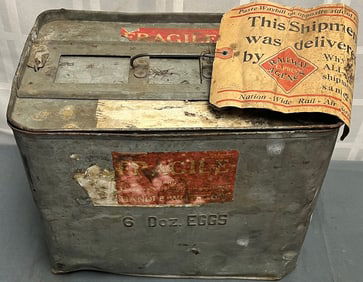 Antique Galvanized Metal 6-Dozen Egg Shipping Crate w/ Railway Express Agency “Fragile" Labels &