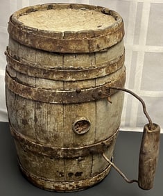 Antique Wooden Canteen / Small Barrel Keg with Iron Carry Handles – 19th Century Primitive Cask