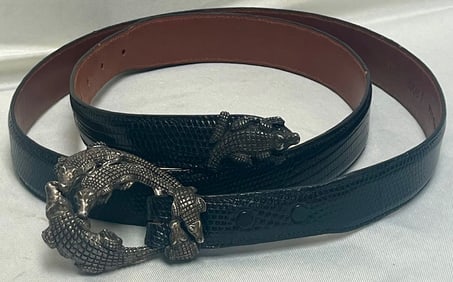 Alexander’s Belts & Buckles Sterling Alligator 3-Pc Ranger Buckle Set, Genuine Lizard Skin Strap