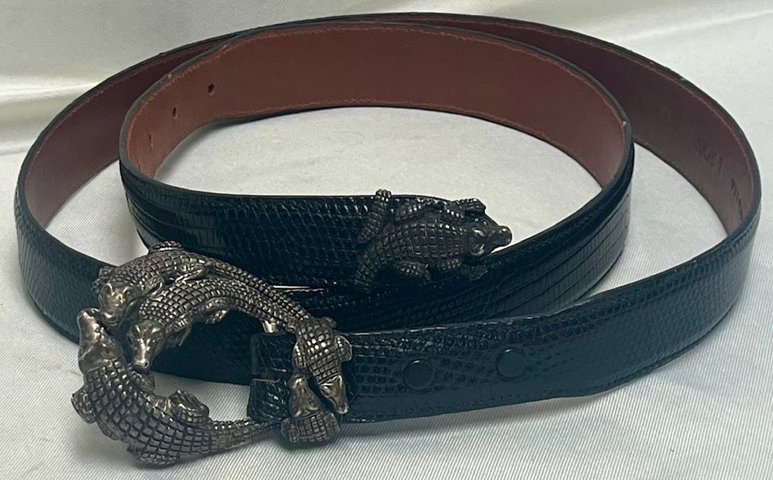 Alexander’s Belts & Buckles Sterling Alligator 3-Pc Ranger Buckle Set, Genuine Lizard Skin Strap: Alexander’s Belts & Buckles Sterling Silver Tri-Alligator 3-Pc Ranger Buckle Set with Black Genuine Lizard Skin Strap – 80.85 GRAMS – Buckle and keeper weigh 80.85 grams, Rare and eye-catching v