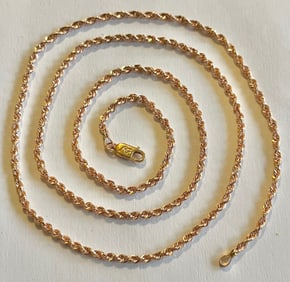 14K Solid Yellow Gold Rope Chain Necklace, 22 1/4", 6.13 GRAMS, Lobster Clasp, Stamped, Hallmarked