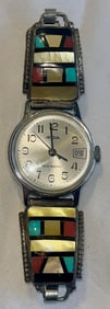Vintage Zuni Sterling Silver Multistone Inlay Watch Tips Bracelet, Acqua Date Watch, Signed H.E.