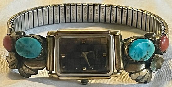 Vintage Lorus Quartz Southwest-Style Bracelet Watch, Turquoise & Coral Cabochons, Marked “RJM