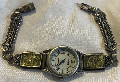 Vintage Sterling Silver “Angie"  Quartz Watch, Textured Green Stone Inlays & Braided Panel