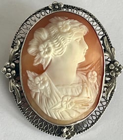 Vintage Sterling Silver Hand-Carved Shell Cameo Brooch & Pendant, Floral Relief, 7.47g,  Marked