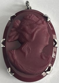 Vintage Carved Red Jasper Cameo Pendant in Sterling Silver Setting, Classical Woman Profile, 8.54