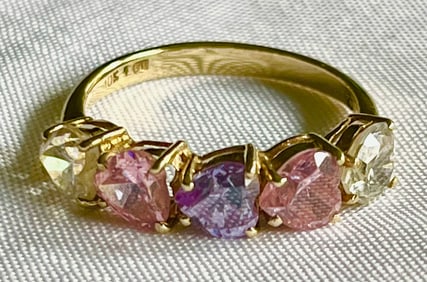 10K Yellow Gold Heart-Shaped Five Stone Ring with Pink, Lavender, Clear Gemstones, Size 6.5/7, 2.64