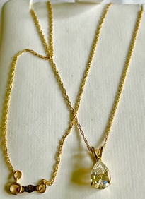 14K Gold Pear-Cut Solitaire CZ Pendant and 14K Necklace, 1.28 grams, Marked 585 (14K) and CZ