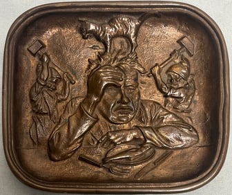 Antique Bronze Bas-Relief Humorous Tray, “Hangover/Headache" Scene Cat & Hammer-Wielding Gnomes