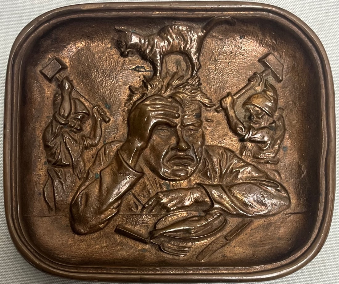 Antique Bronze Bas-Relief Humorous Tray, “Hangover/Headache" Scene Cat & Hammer-Wielding Gnomes: Antique Bronze Bas-Relief Humorous Tray, “Hangover/Headache” Scene Cat & Hammer-Wielding Gnomes, Cast bronze bas-relief plaque/trivet featuring a dramatic comic scene: a distressed man slumped