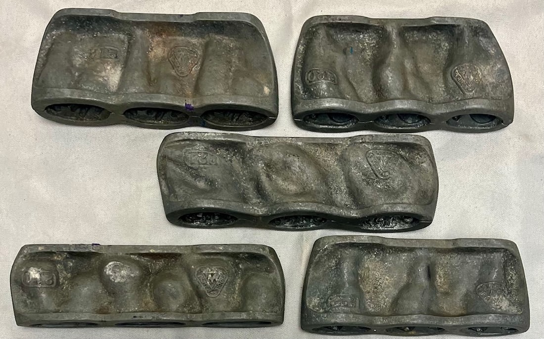 Lot of 5 Vintage Metal Chocolate / Candy Molds, Marked “KIDDIE KANDI MOULD: Lot of 5 Vintage Metal Chocolate / Candy Molds, Marked “KIDDIE KANDI MOULD” and Numbered, Various Animal molds including Chicks, Bears, Cows and Rabbits, with the longest measuring 7 1/4" wide