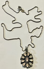 Vintage Sterling Silver (.925) Italy Box Chain Necklace, Handcrafted Mother of Pearl Cluster