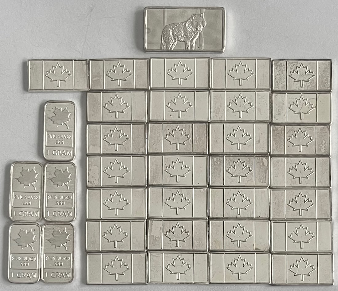 Lot of 34 .999 Silver 1 gram Bars, Together with One .999 2.5 Gram Bar, Total of 36.5 Grams of .999: Lot of 34 .999 Silver 1 gram Bars, Together with One .999 2.5 Gram Bar, The Actual Total Weight is 37.49 Grams of .999 Silver, The 2.5 gram bar is from the "NORTH AMERICAN WILDLIFE SERIES", Condition
