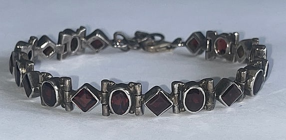 Vintage Sterling Silver & Garnet Geometric Link Bracelet, 8" Long, 18.72 Grams
