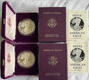 1989-S American Silver Eagle Proof Coins – Lot of 2 – OGP, COAs & Shipping Boxes – San