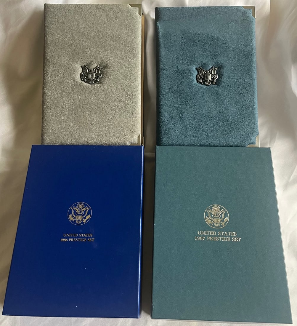 1986 & 1987 U.S. Mint Prestige Proof Sets – Liberty & Constitution Silver Dollar Commemoratives: 1986 & 1987 U.S. Mint Prestige Proof Sets – Liberty & Constitution Silver Dollar Commemoratives – Complete w/ Boxes & COA, This listing offers two original United States Mint Prestige Proof Sets,